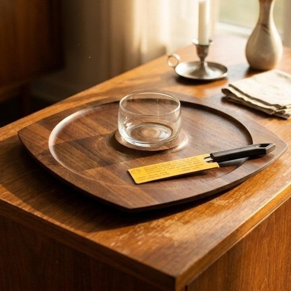 Vintage Vermillion Real Walnut Wood Serving Tray Chip Dip Glass Bowl MCM
